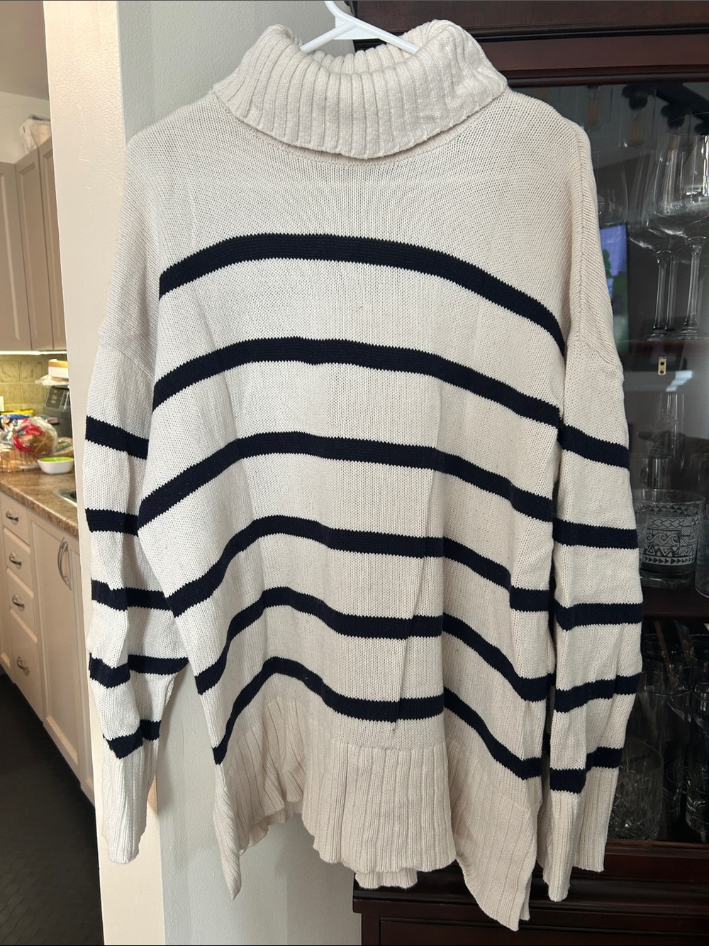 Old Navy Cream Turtleneck Sweater with Navy Stripes